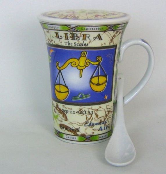 Imagen de TAZA HORÓSCOPO DEL ZODIACO LIBRA CON CUCHARA Y TAPA